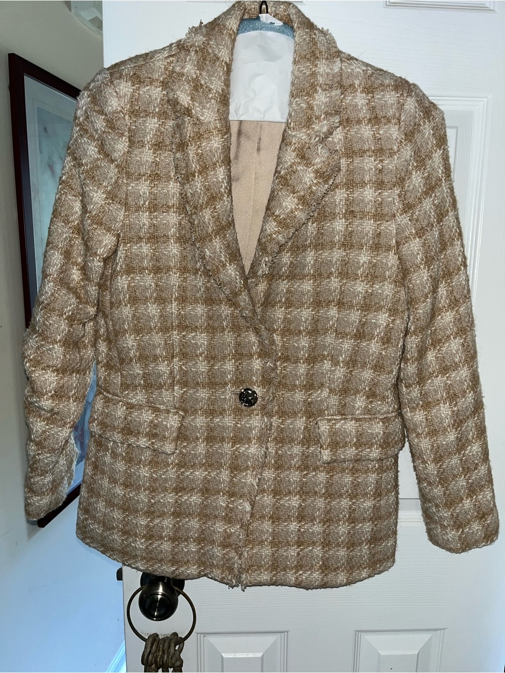 Plaid Tan Single-Button Blazer Jacket